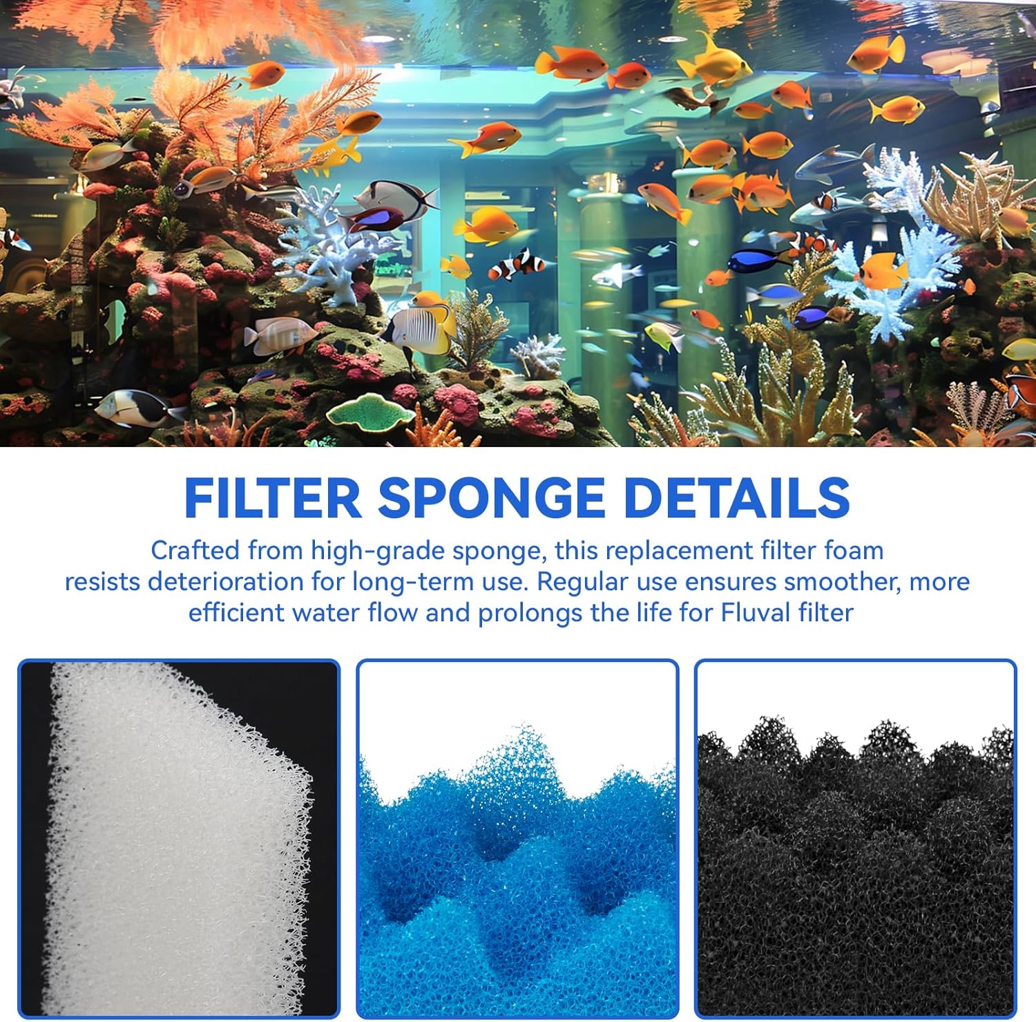 Bio Foam for Fluval 306,307 Canister Filters, Aquarium Filter Media Replacement Sponge Kit, Includes 4 White 4 Blue 4 Black Filter Foam for Fluval Fish Tank Biological Filtration, 12 Pack