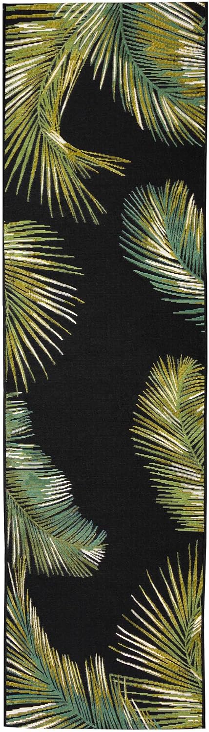 Liora Manne Marina Indoor/Outdoor Power Loomed Synthetic Blend Low Profile Area Rug - Transitional Border Botanical Beach Colorful (Palm Border Black) (1'11" x 7'6")