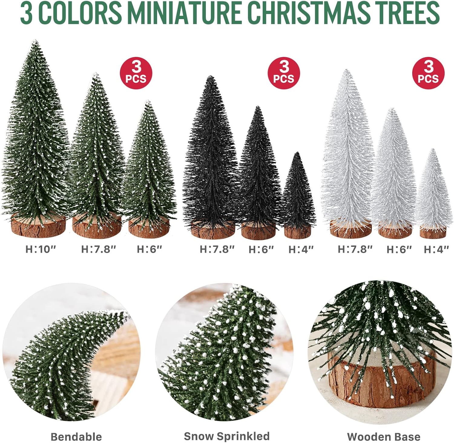 9Pcs Mini Christmas Trees Christmas Decor Artificial Christmas Decorations with 4 Sizes, Christmas Tree Bottle Brush Trees Christmas Table Decorations (Green Silver Black)