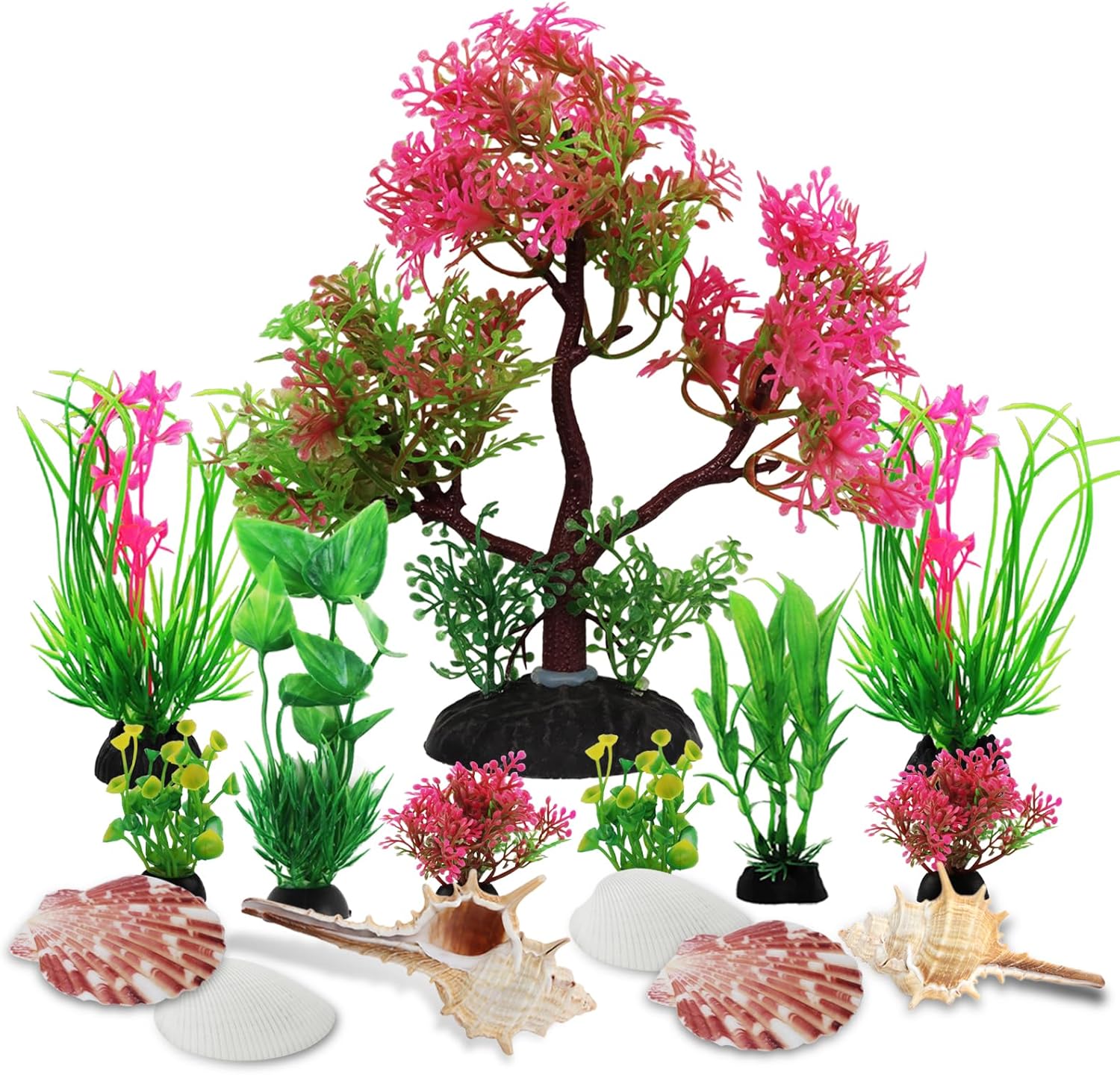 Aquarium Plants with Natural Decorations Shells, 15pcs Fish Tank Decoration Colorful Artificial Fish Tank Decor Plants Aquarium Decorations for Household and Office Aquarium Simulation