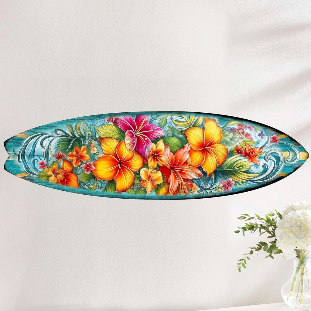 24-inch Hawaiian Flowers Surfboard Wall Art, Handcrafted Coastal Holiday Décor by G. Debrekht