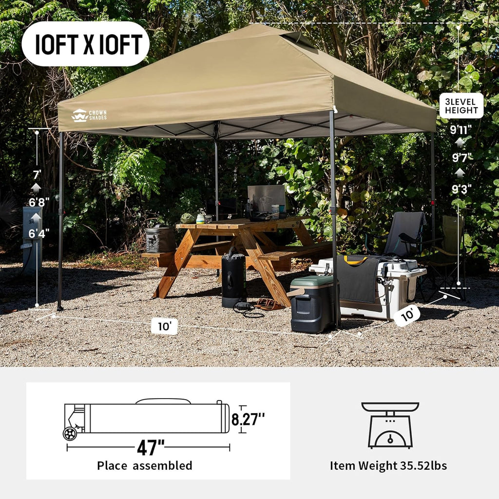 CROWN SHADES 10x10 Pop Up Canopy Tent - Patented Center Lock One Push Instant Outdoor Canopy Beach Tent with STO-N-Go Bag 8 Stakes & 4 Sand Bags，Khaki