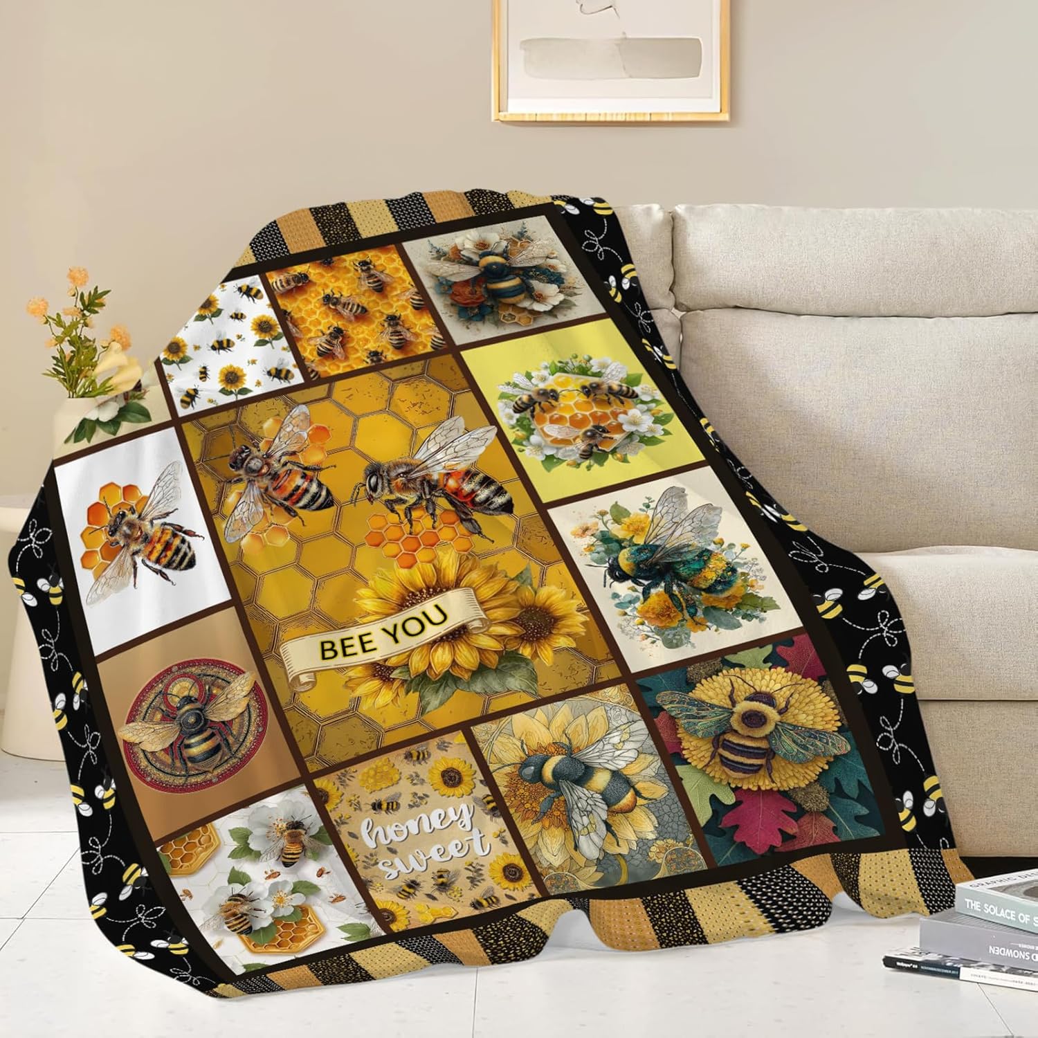 Bee Throw Blanket Bee Stuff Gifts for Kids Girls Boys Adults Women Men Soft Cozy Warm Plush Fluffy Fuzzy Fleece Blanket Decor 50''X60''