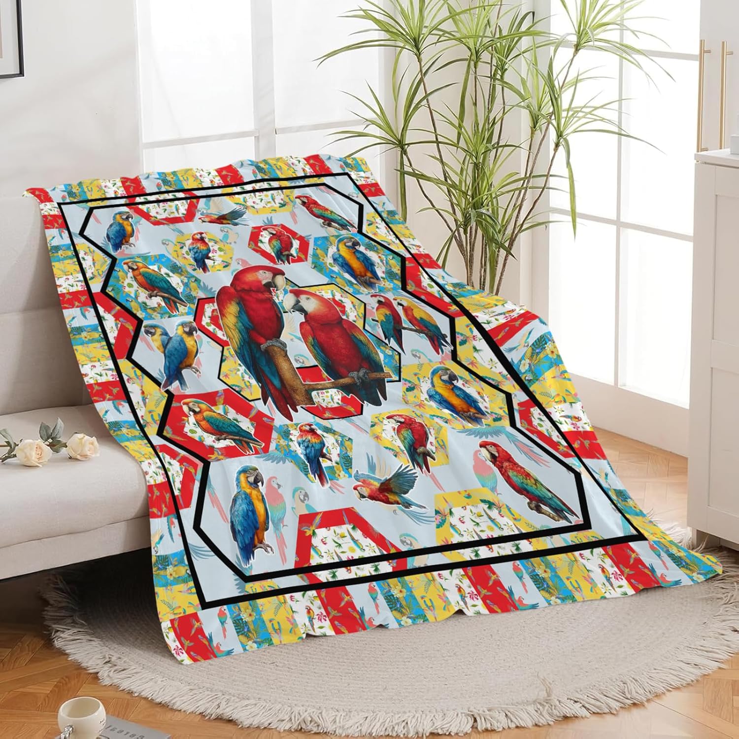 Parrot Bird Throw Blanket Macaw Stuff Gifts for Kids Girls Boys Adults Women Men Soft Cozy Warm Plush Fluffy Fuzzy Fleece Blanket Decor 60''X80''