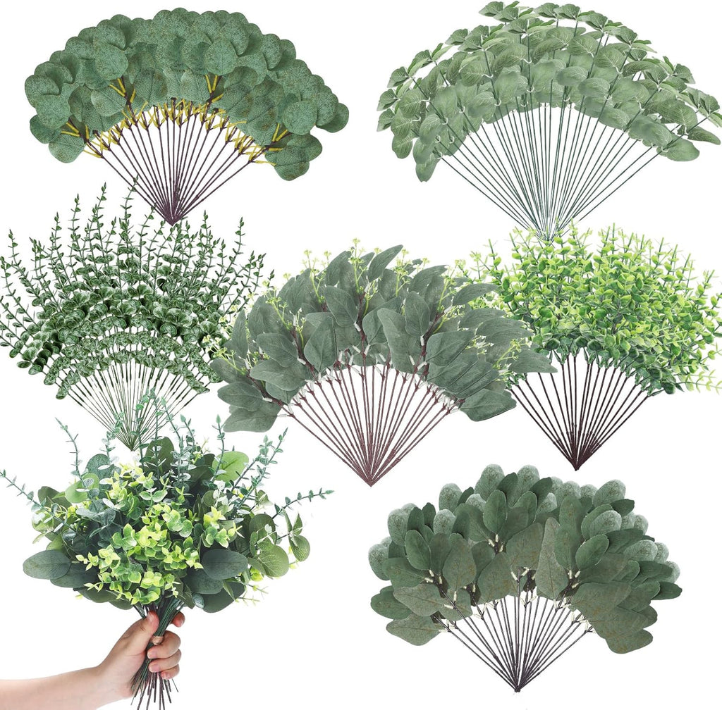 Ceenna 400 Pcs 6 Kinds Mixed Eucalyptus Leaves Stems Bulk Artificial Eucalyptus Leaves Sprays Silver Dollar Faux Greenery Picks Bundle for Wedding Vase Floral Arrangement Decor