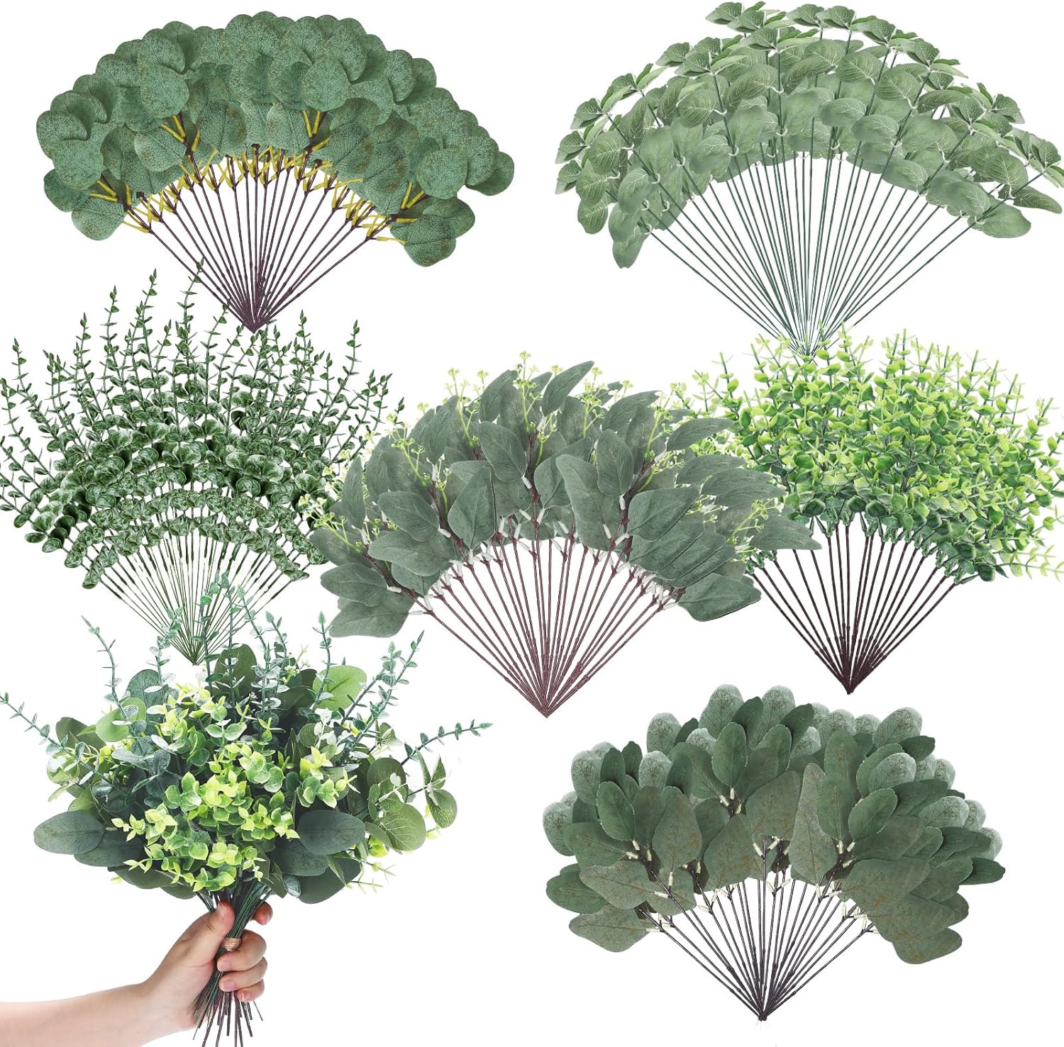 Ceenna 400 Pcs 6 Kinds Mixed Eucalyptus Leaves Stems Bulk Artificial Eucalyptus Leaves Sprays Silver Dollar Faux Greenery Picks Bundle for Wedding Vase Floral Arrangement Decor