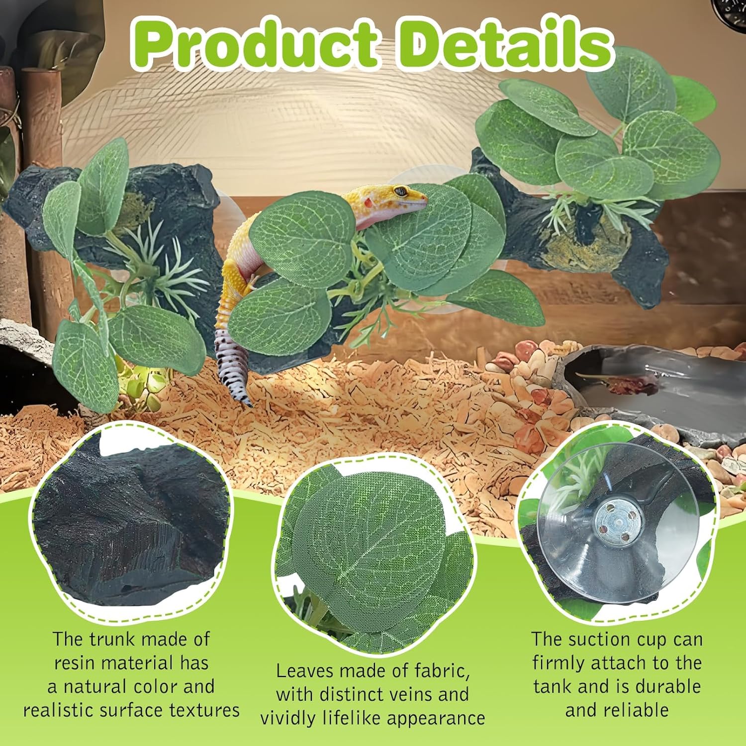 kathson 2 PCS Reptile Corner Branch Resin Snake Climbing Accessories with Leaves Terrarium Plant Decoration with Suction Cup for Bearded Dragon Lizard Frog Gecko Spider Climbing 7.8 x 3.1 x 1.4 inches