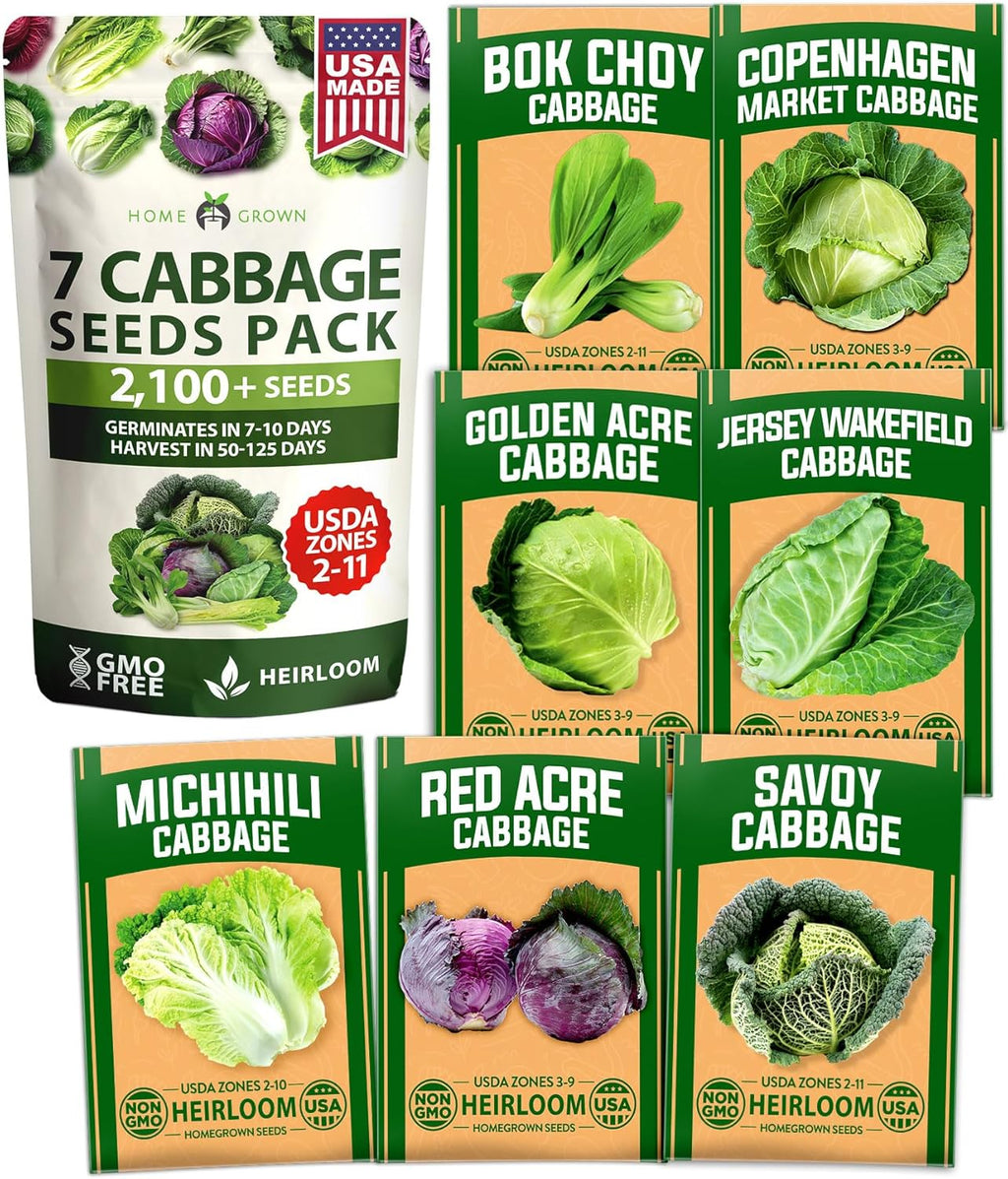 HOME GROWN 7 Cabbage Seeds for Planting - 2000+ Heirloom Seeds - Golden Acre,BokChoy,Savoy,Michihili, Red Acre, Copenhagen Market,Jersey Wakefield - Vegetable Seeds for Planting