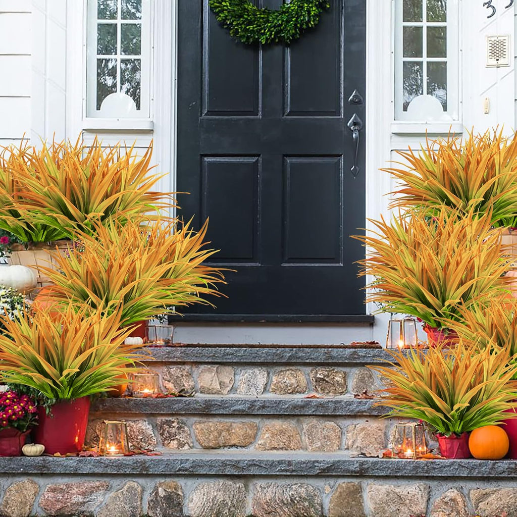 8Pcs Artificial Grass Plant Fake Outdoor Plastic Plants UV Resistant Faux Grasses Greenery Shrubs for Window Box Garden Patio Porch Home Decor Yellow
