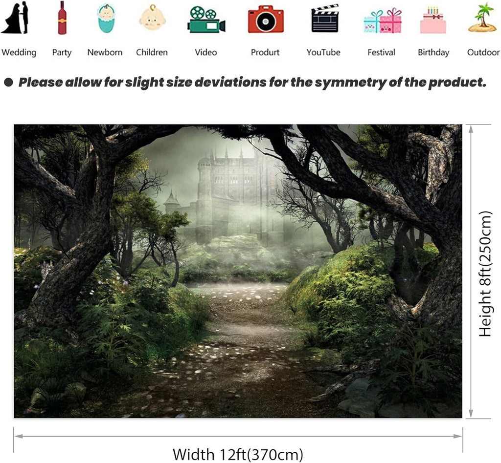 Renaiss Enchanted Forest Backdrop Fabric Green Medieval Smoky Jungle Forest Wonderland Fairy Tale Adventure Photography Background for Kids Fairytale Theme Party Decorations Photo Prop 12x8ft