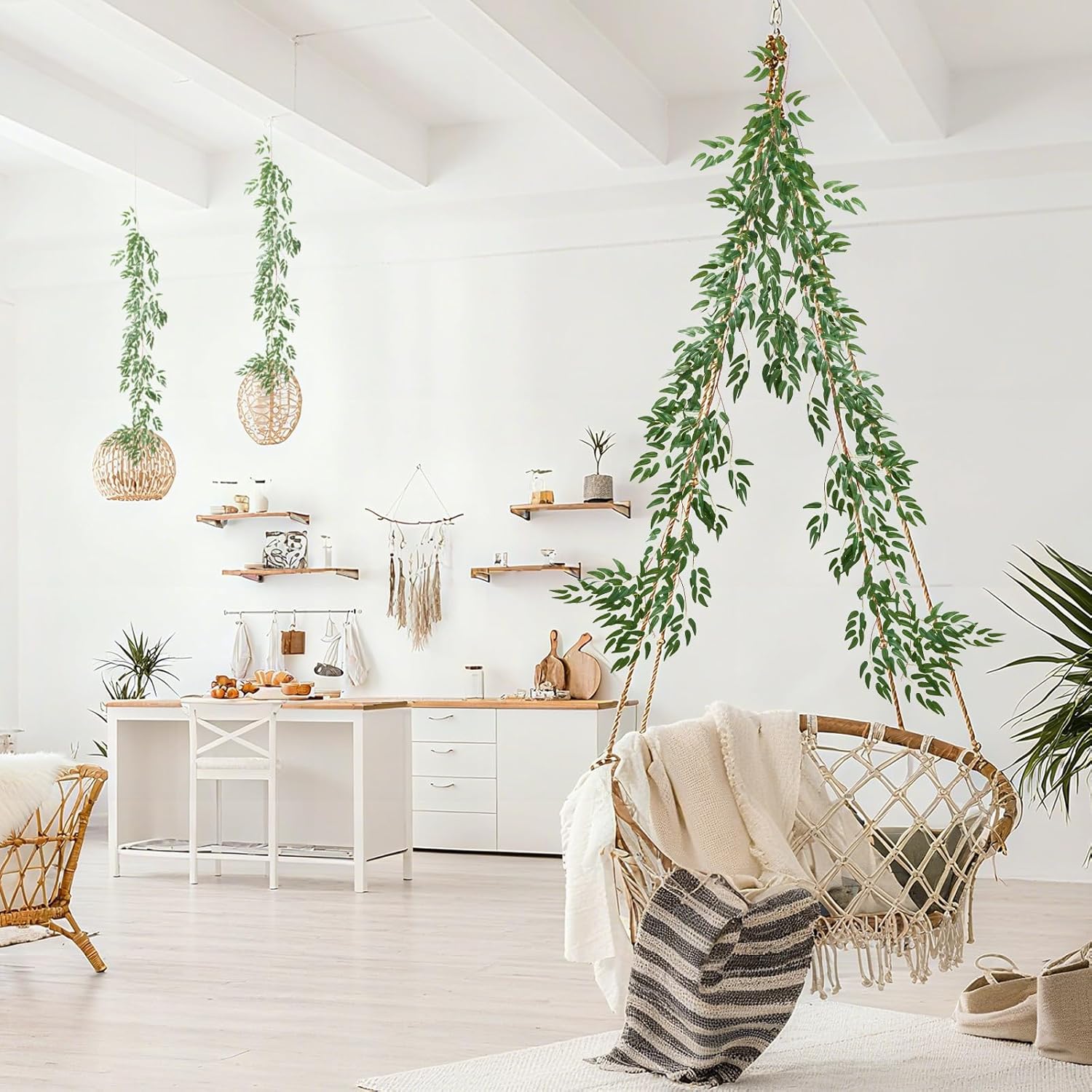 2PCS 5.7FT Fake Willow Leaves Vines Twigs, Artificial Hanging Italian Ruscus Greenery Garland Leaves, Faux Ivy Vines Willow Branches Plant Fern Garlands Skil for Indoor Realistic Outdoor Decoration