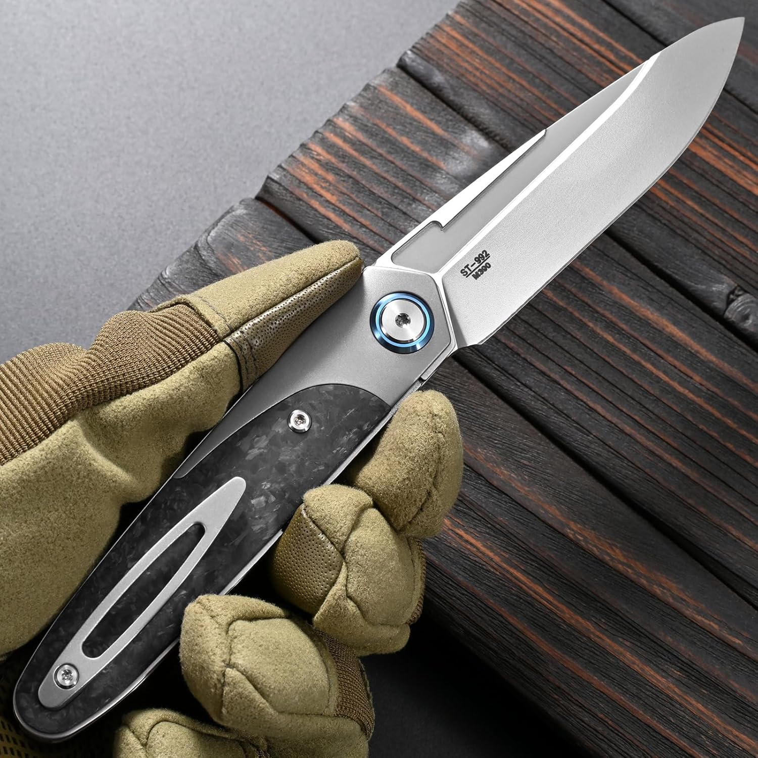 Sitivien ST992 Folding Pocket Knife,Handmade M390 Pearlescent Brushed Steel Blade,Titanium Carbon Fiber Handle EDC Tool Knife for Outdoor Camping,Hiking,Survival,Hunting(Gray) …