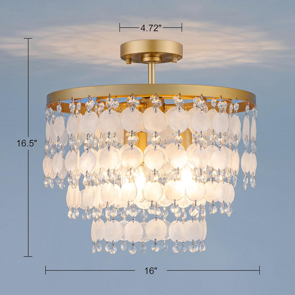 TOCHIC Modern Capiz Shell Chandelier, Boho Coastal Beach Chandelier for Bedroom, Small Semi Flush Mount Ceiling Pendant Light Fixture for Dining Living Room, Kids Room, 16”W, Gold