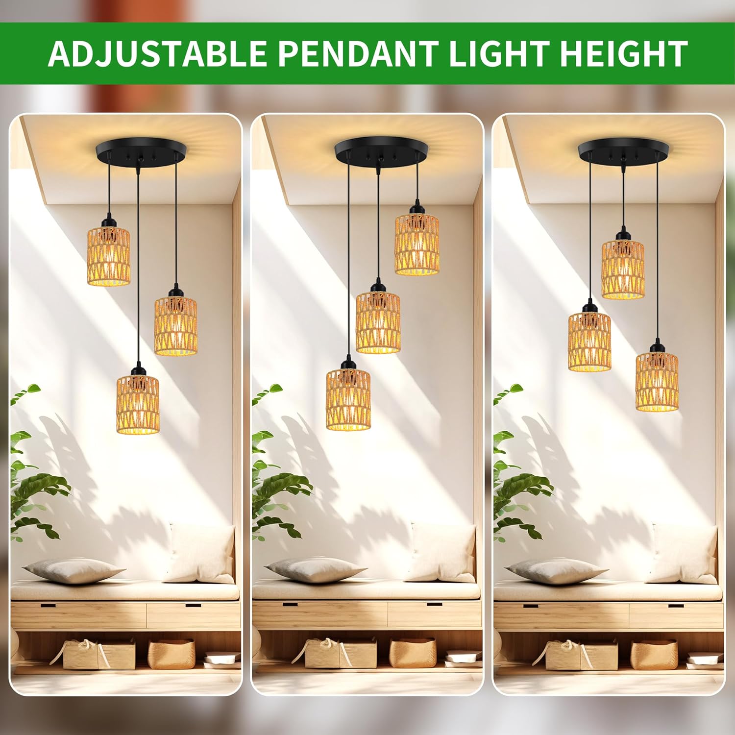 3-Light Rattan Pendant Light, Farmhouse Boho Hanging Light Fixture with Hand-Woven Wicker Shades for Dining Room, Kitchen Island, Bedroom, Living Room, Foyer, Hallway