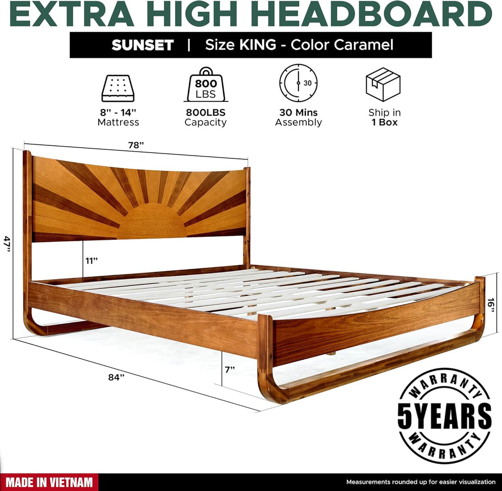 Sunset Solid Acacia Wood King Platform Bed, Tall Headboard, Mid-Century Art Deco Design, No Box Spring Needed, Sturdy Slat Support, Scratch & Water-Resistant, Caramel Finish