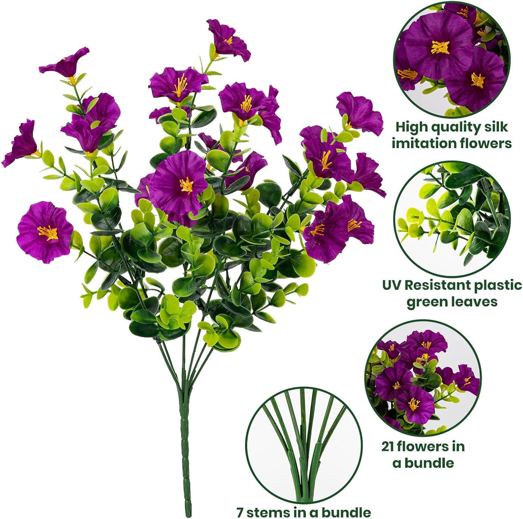 Artificial Faux Flowers for Outdoor 16 Bundles Boxwood Fake Morning Glory for Planter,UV Resistant Fake Flowers for Home Porch Patio Outside（Fuchsia）