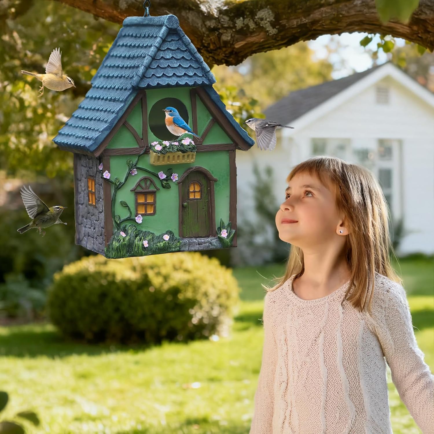 Bird Houses for Outside Cottage Garden Birdhouse –Green Resin Bird Houses with Flower and Stone Details for Hummingbird Finches Cardinals Bird Nesting Garden, Patio, Yard