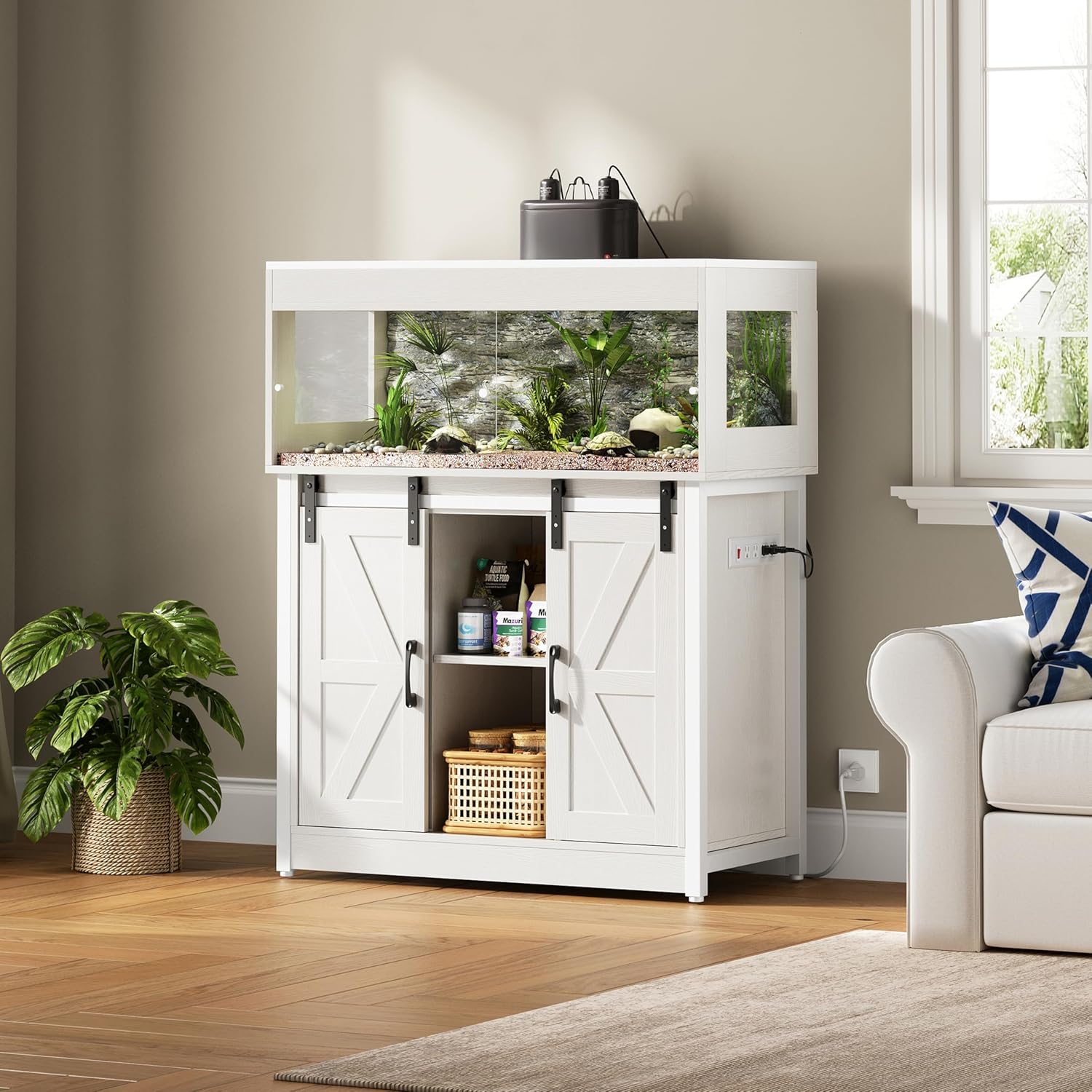 40 Gallon Reptile Terrarium with Stand, Reptile Tank with Barn Door and Storage, Vivarium with Acrylic Doors, Ventilated Mesh Top & Power Outlet, for Geckos, Lizards, Snakes White PX06RTW