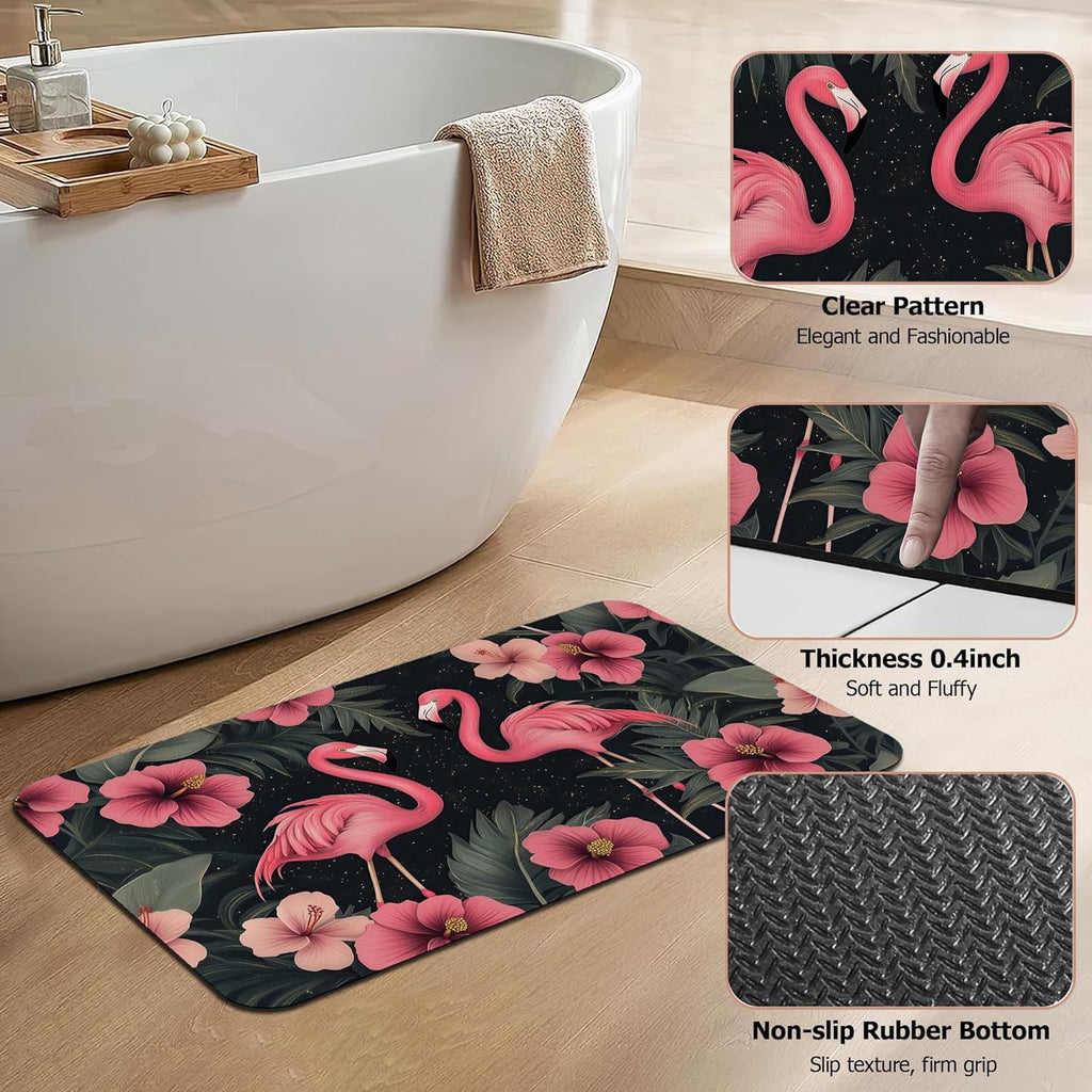 Bath Mat,Pink Flamingos Bathroom Rugs,Quick-Drying Non-Slip Rubber Bath Mats Hibiscus Flowers Absorbent Diatomaceous Earth Mat for Bathroom Home Decor 17"x29.5"