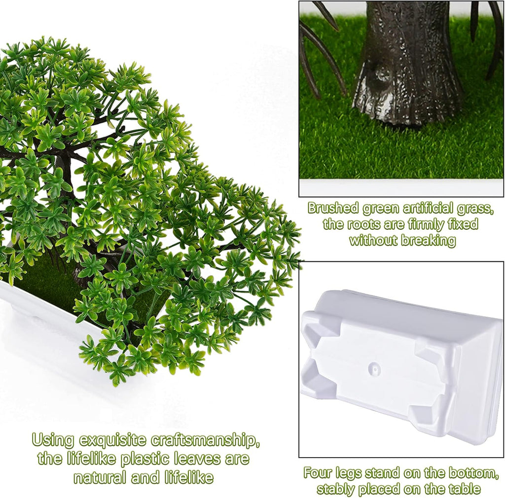 Mini Artificial Bonsai Tree Plants with Plastic Cement Pots for Home Office Décor (Green)