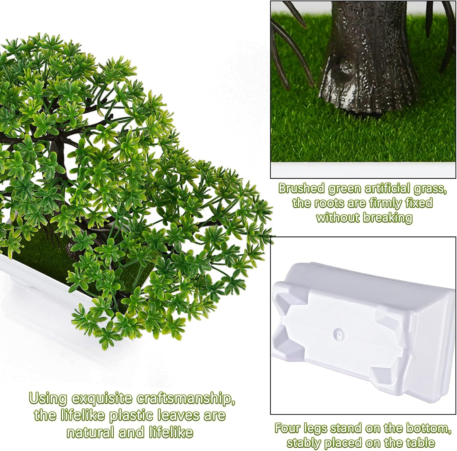Mini Artificial Bonsai Tree Plants with Plastic Cement Pots for Home Office Décor (Green)