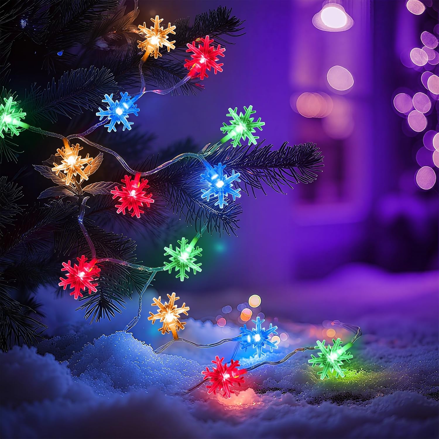 Christmas Lights Indoor Multicolor, 20FT 40 LED Colored Snowflake String Lights Battery Operated, Rechargeable Fairy Lights with 8 Modes & Timer for Bedroom Party Home Xmas Tree Decorations Multicolor