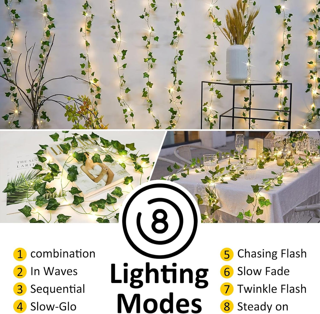 Vine with Fairy Lights Battery Operated, 33Ft 100 LED Ivy String Lights with Remote, Leaf Lights for Bedroom Room Wall Garden Party Wedding Decor (Warm White)