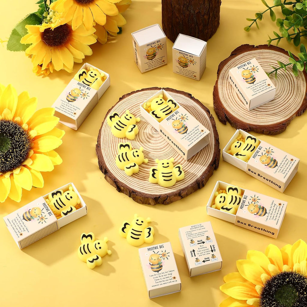 Wettarn 24 Sets Bee Gifts Positive Cute Stress Balls with Support Gift Boxes Inspirational Party Favors for Employee Coworker Friends Office Stress Relief Toys