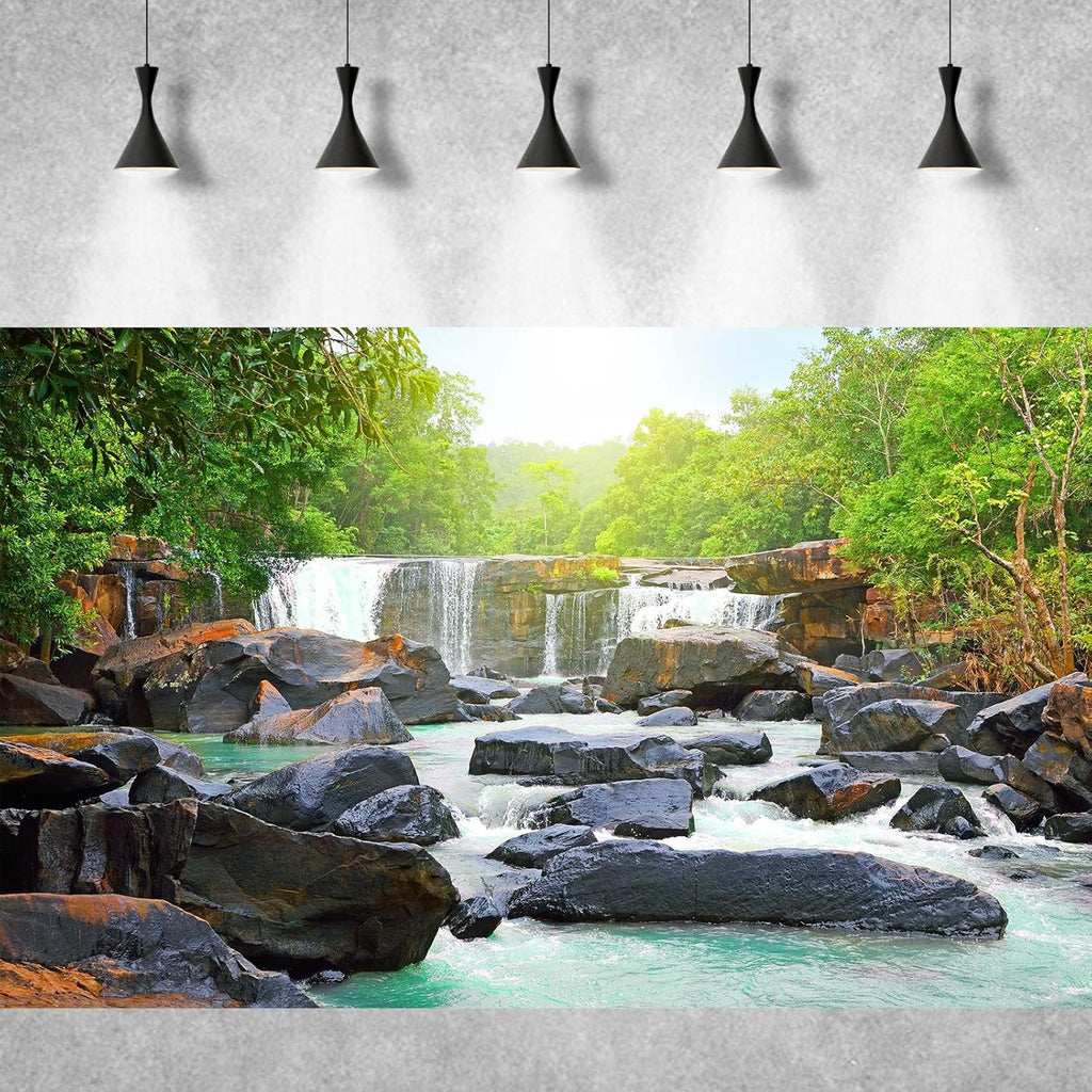 Waterfall Aquarium Background Natural Jungle Forest Landscape Terrarium Background Lush Green Trees Plants Stream Fish Tank Background Falls Forest Rocks Reptile Background Vinyl 72x24in