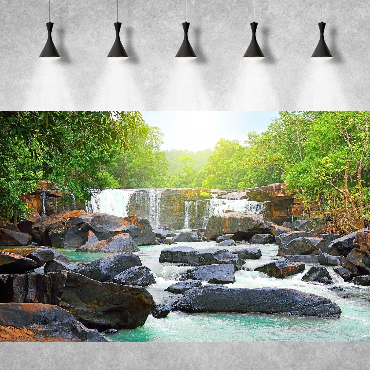 Waterfall Aquarium Background Natural Jungle Forest Landscape Terrarium Background Lush Green Trees Plants Stream Fish Tank Background Falls Forest Rocks Reptile Background Vinyl 24x16in