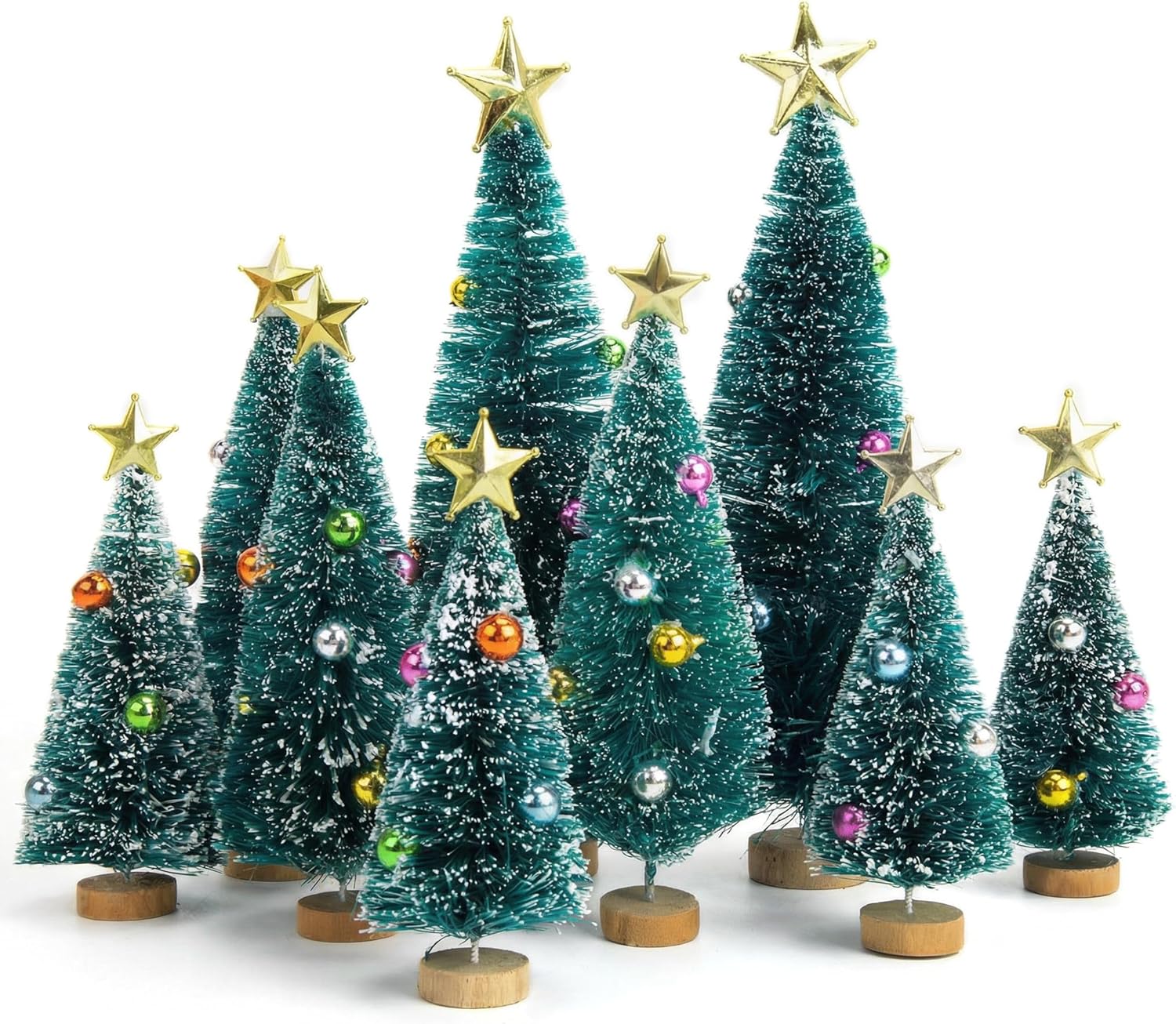 LOVEINUSA Mini Christmas Trees with Ornaments, 9PCS Sisal Snow Frost Trees with Wood Base for Table Top Decoration and DIY Diorama Models