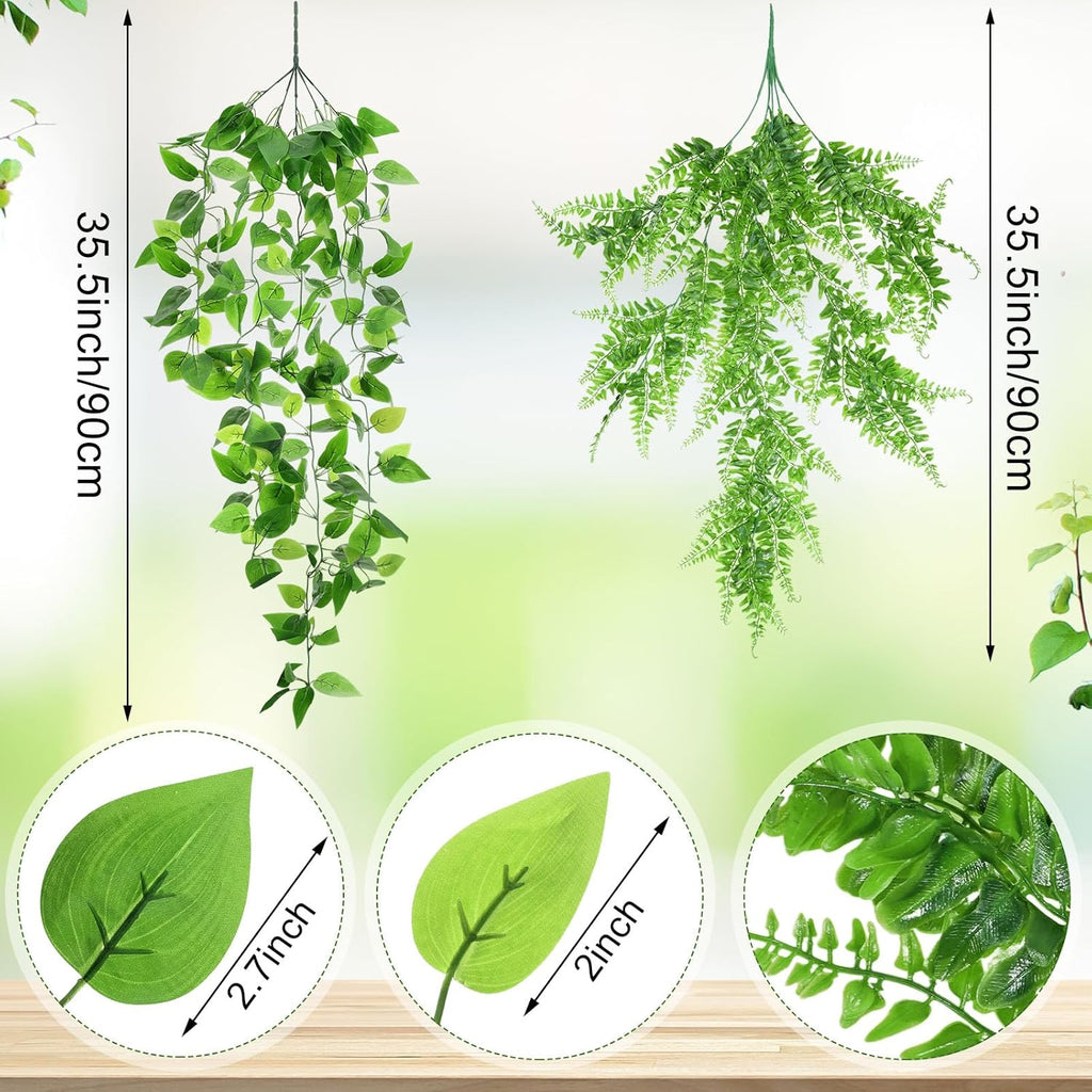 Hoteam 18 Pcs Artificial Hanging Plants 32 Inch Fake Ivy Vines with Fake Leaves Patio Artificial Plants Greenery for Living Room Indoor Outdoor Wall, No Basket (Pothos,Persian Grass)