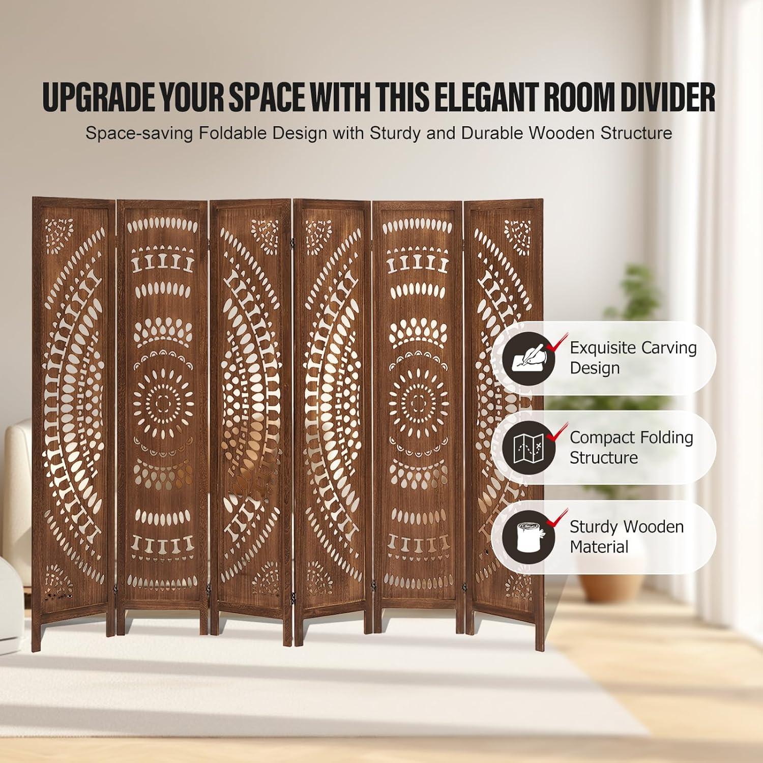 6 Panel Wood Room Divider Fully Assembled, Decorative Room Dividers and Folding Screens, 5.6Ft Room Divider Screen Freestanding Partition Wall Dividers for Home Bedroom Office, Dark Brown