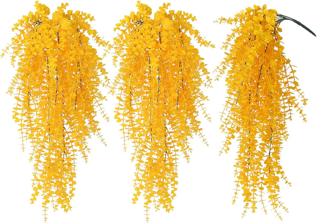 RECUTMS Aritificial Hanging Plant 3 Pack Fake Eucalyptus Leaves Faux Yellow Vine Plant Hanging for Indoor Home Room Wall Outdoor Garden Party Proch Wedding Backyard Arch Decoration(Pure Yellow)