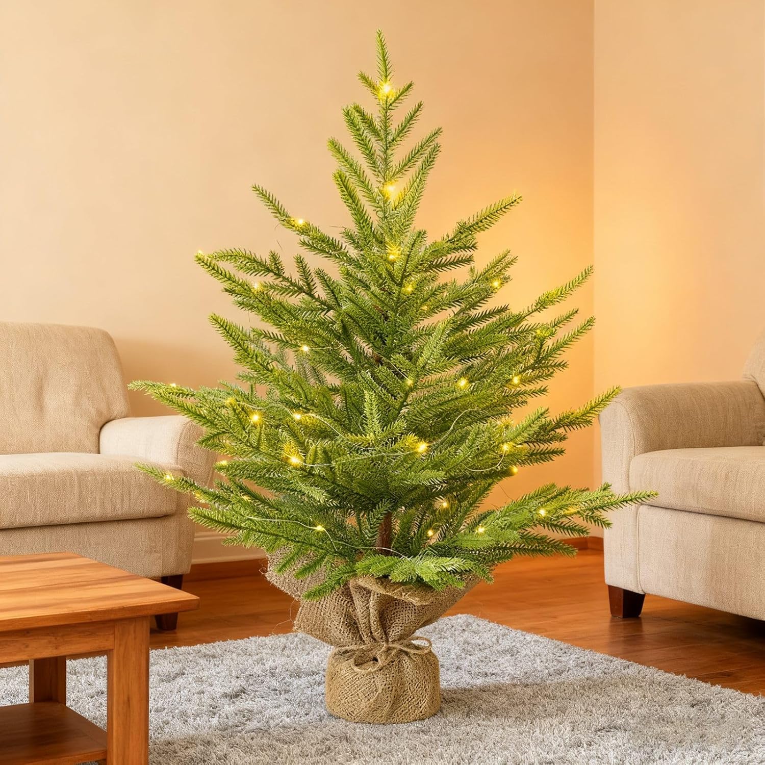24 Inch Pre-Lit Artificial Mini Christmas Tree with Twinkling Warm LED Lights and Realistic Norfolk Pine, Solid Burlap Base Basin, for Xmas Home, Office, Tabletop, Party Decoration