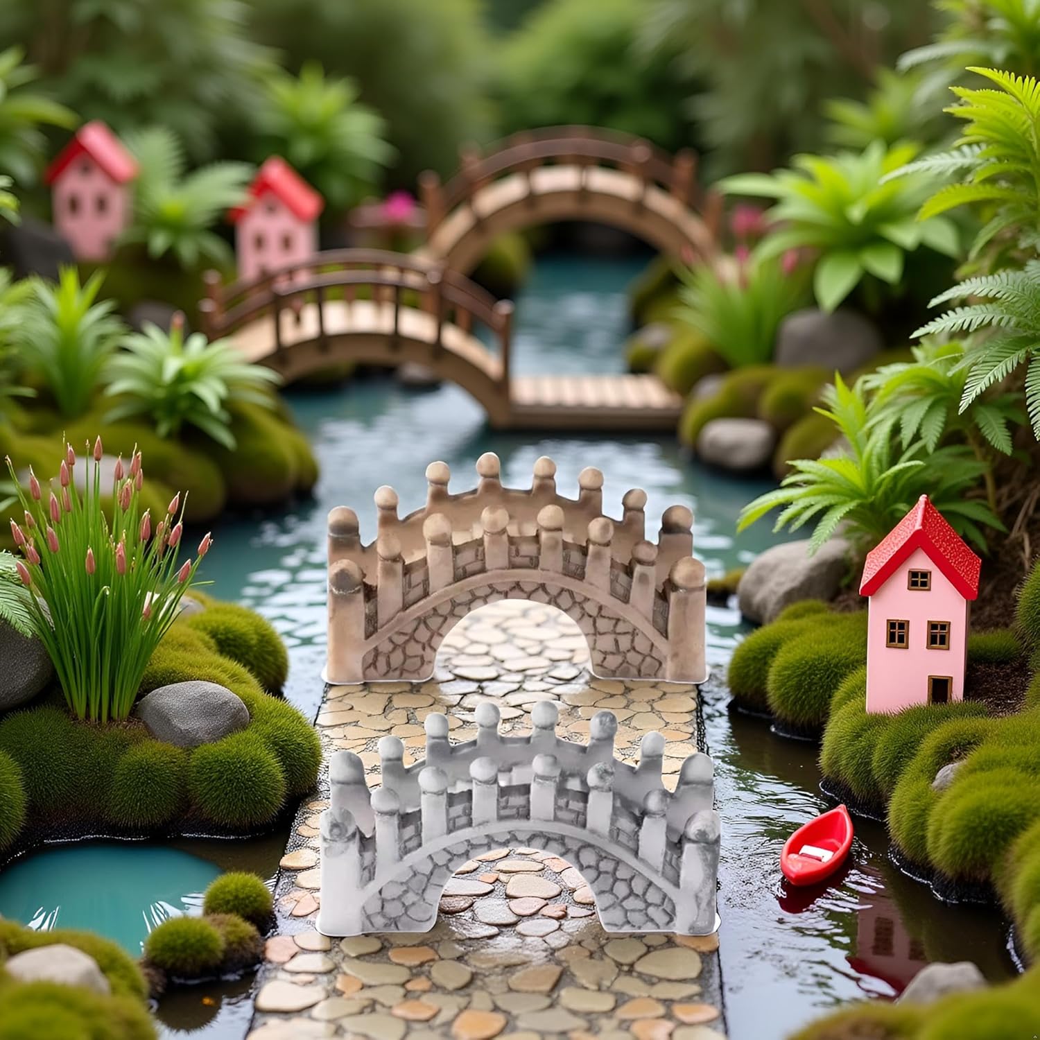 2 Pack Gray and Brown Miniature Stone Arch Bridges, Fairy Garden Ornaments for Dollhouse, Aquarium and DIY Micro Landscape Decor, Garden Bridges