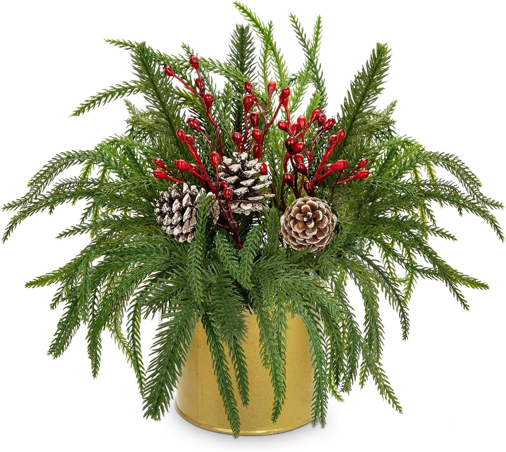 Briful Artificial Christmas Cedar Plant with Pinecones and Red Berries, 11'' Frosted Holiday Greenery in Gold Pot, Realistic Table Centerpiece for Home, Mantel, Office Christmas Décor
