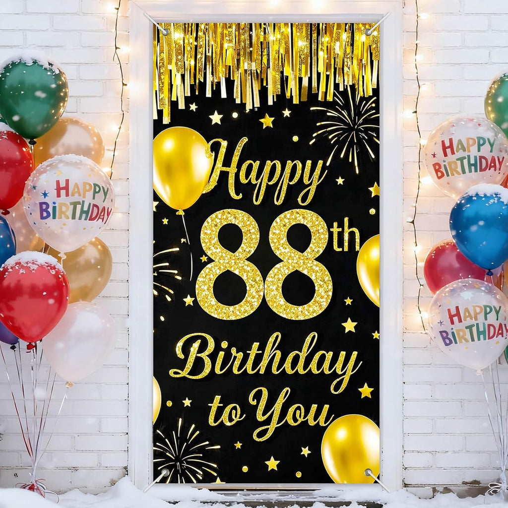 IVN 88th Birthday Door Cover 71x35 Inch Black Gold Birthday Banner for Party Decorations Balloons Stars Fireworks Backdrop Sign for Men Women Photo Booth Prop Wall Decor