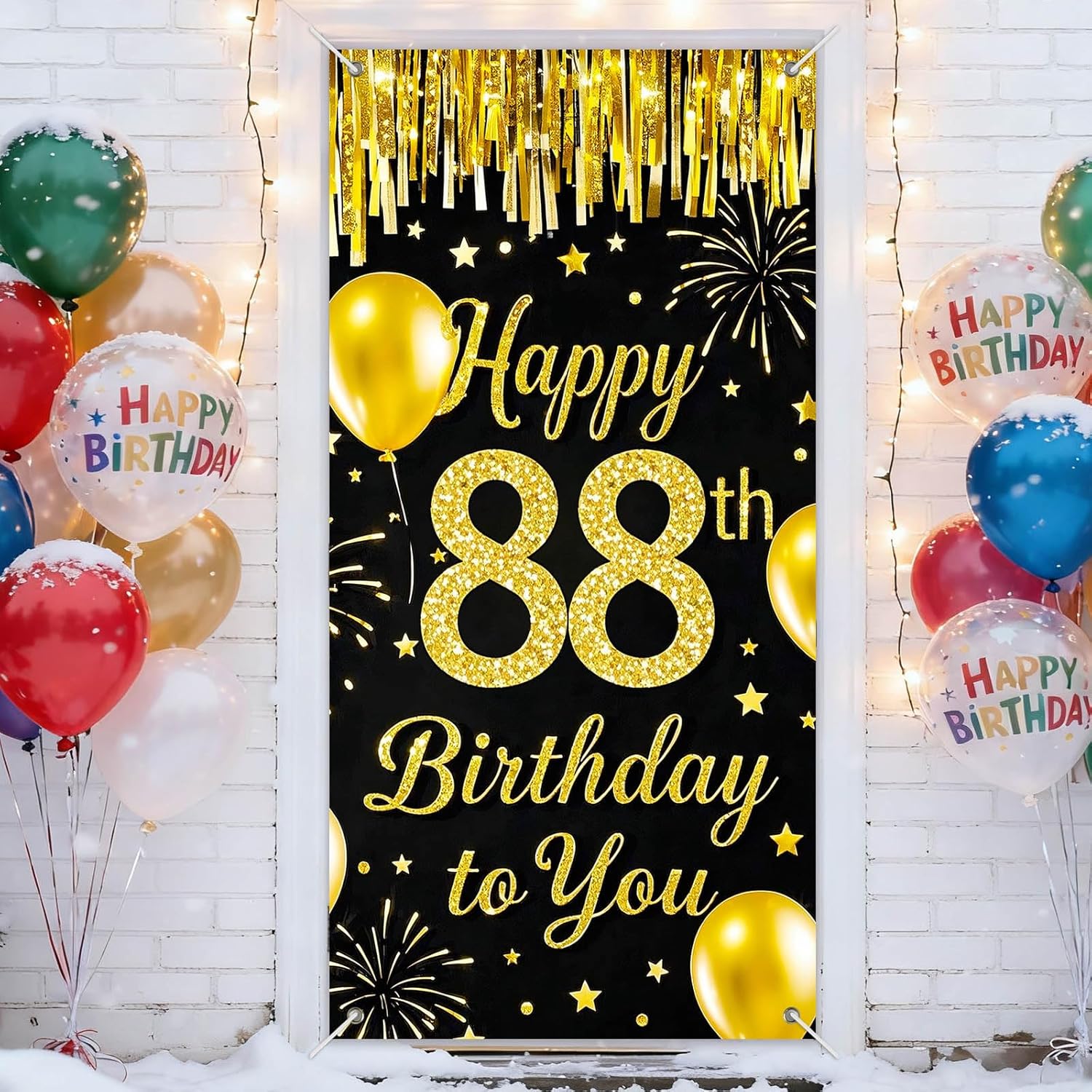 IVN 88th Birthday Door Cover 71x35 Inch Black Gold Birthday Banner for Party Decorations Balloons Stars Fireworks Backdrop Sign for Men Women Photo Booth Prop Wall Decor
