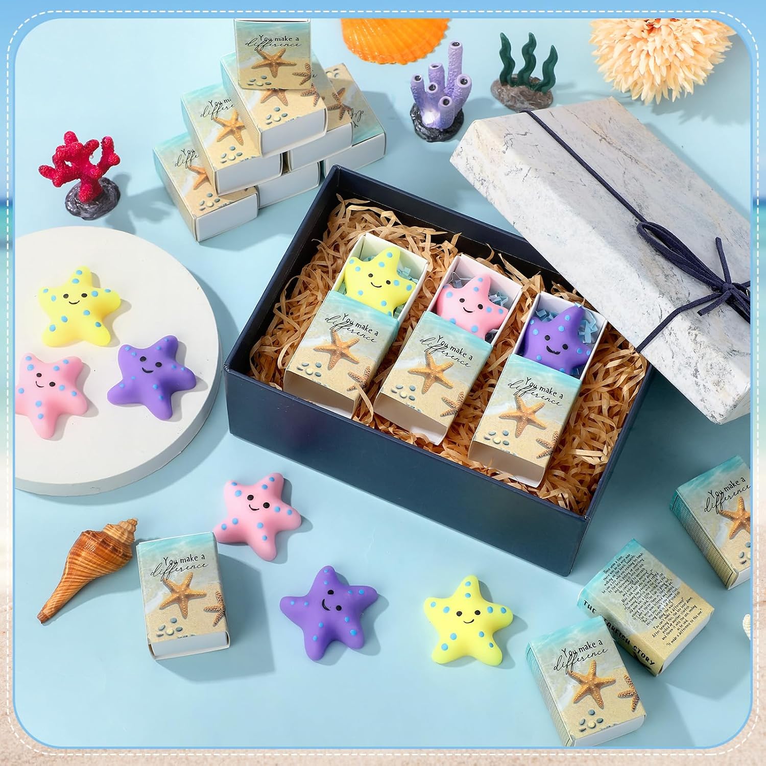 Wettarn 48 Sets Starfish Story Gifts Cute Stress Balls with Gift Boxes You Make a Difference Desk Decor Appreciation Party Favors for Employee Coworker Teacher Inspirational Stress Relief Toys