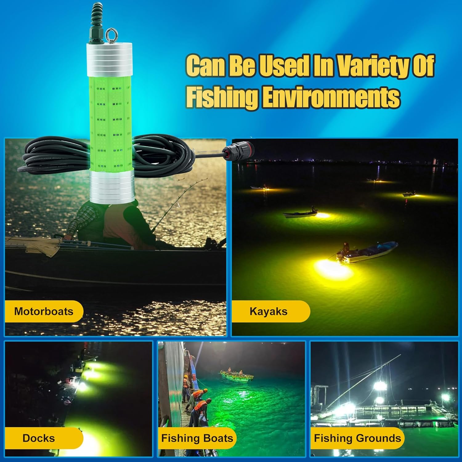 Luckerain Underwater Fishing Light 70W 150W High Bright LED 9000LM 20000LM Submersible Fish Attracting Light for Docks, Boats or Kayaks, Rust-Proof IP68 Waterproof