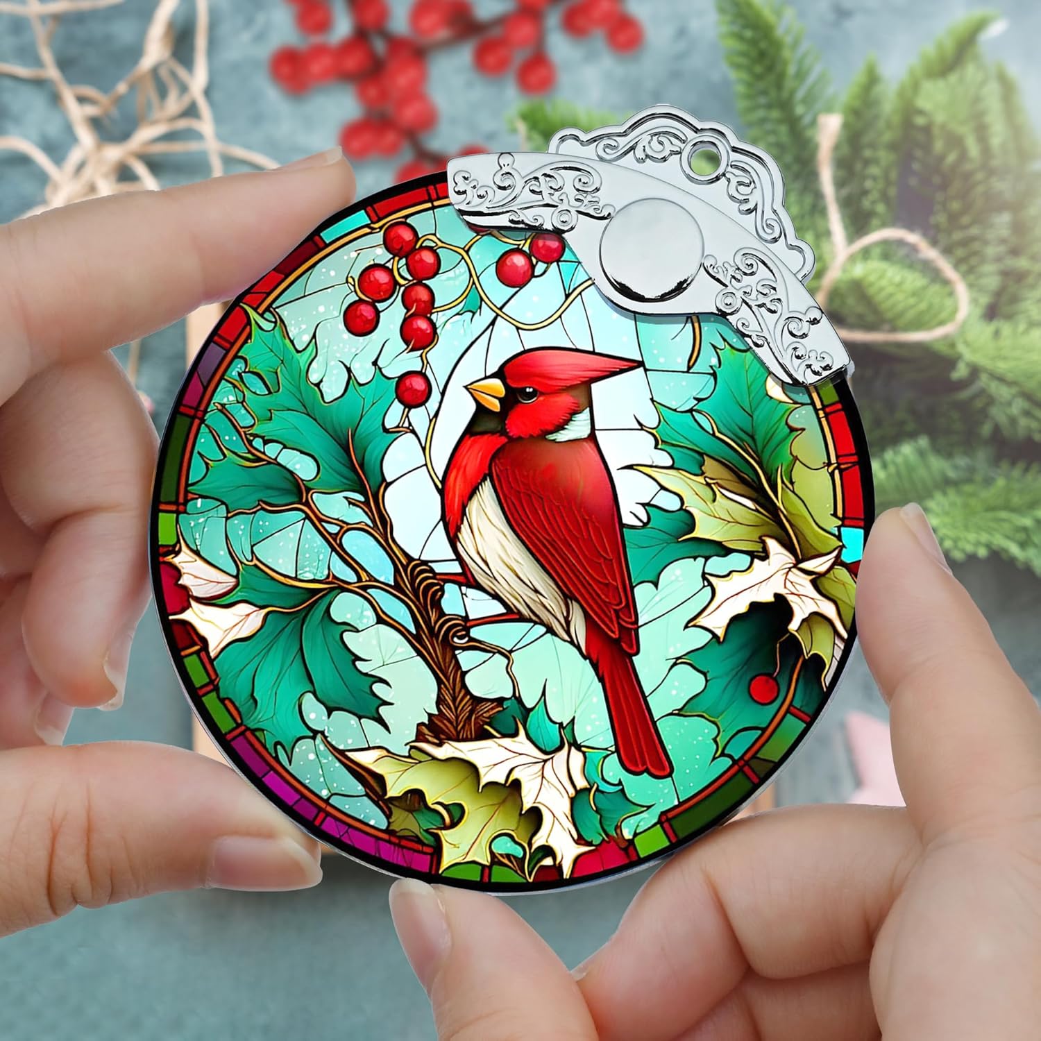 Stained Glass Christmas Ornament, Jocidea Christmas Decorations, Cardinal Christmas Tree Ornament, Holiday Decor and Xmas Gifts Ideas