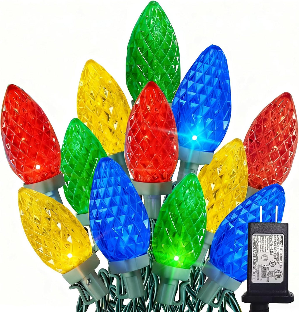 Dazzle Bright C9 Christmas String Lights, 3 Pack Total 300 LED 198 FT Waterproof Green Wire Fairy Lights, Connectable Christmas Light for Indoor Outdoor Home Yard Xmas Tree House Decor, Multi-Colored