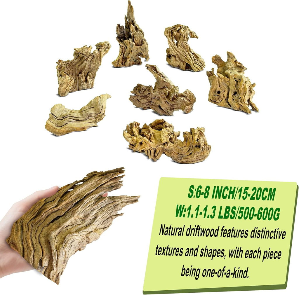 Natural Driftwood for Aquarium Decor,Reptile Habitat&Home DIY Decor,Naturally Unique Shapes Weathered Wood,Easy to Use S-(6-8 Inch/1.1-1.3 Lbs)-Pack of 2