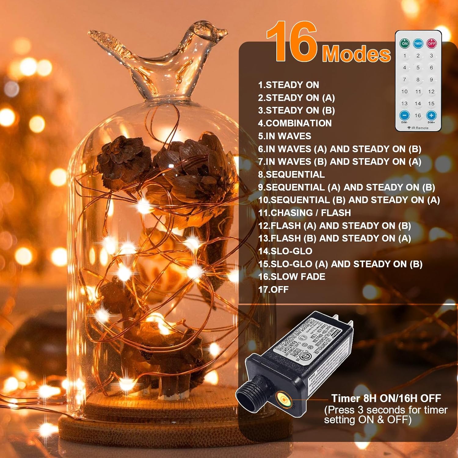 LAMPHOME Halloween Fairy Lights Plug in, 33Ft 100 LEDs Waterproof Twinkle Firefly Lights, Adaptor Included, Starry String Lights for Wedding Indoor Outdoor Christmas Patio Garden, Orange