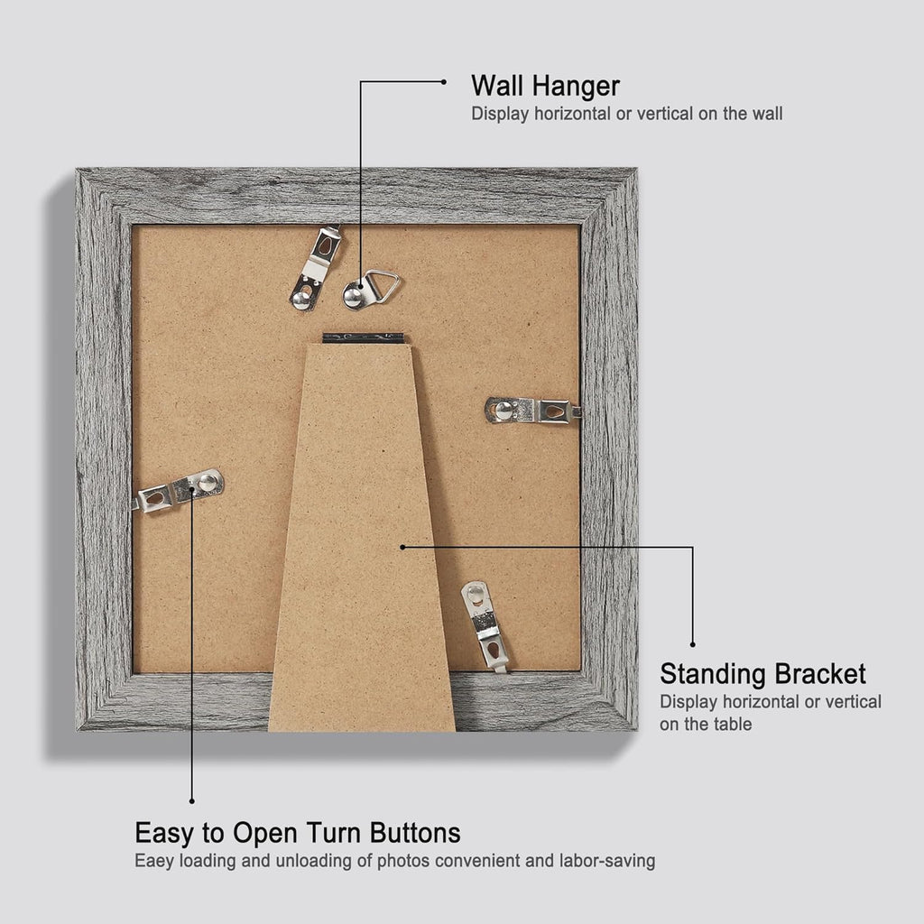 6x6 Picture Frame Set of 4, Made of Glass and Grey Wooden Frame - Display Picture 4x4 with Mat or 6 x 6 Without Mat, 6x6 Photo for Wall or Tabletop