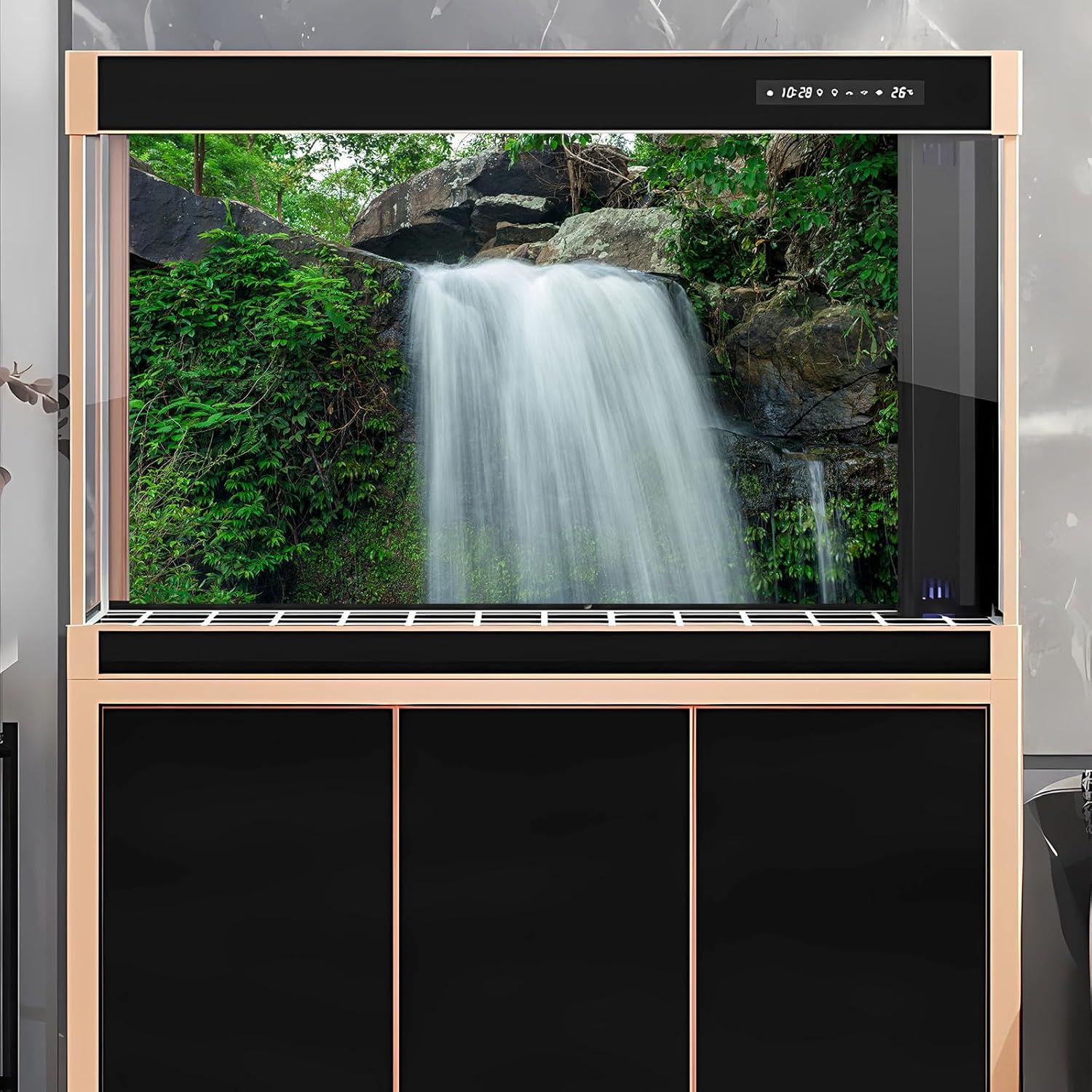 Waterfall Aquarium Background Jungle Plants Large Rocks Terrarium Background Falls Green Plants Natural Landscape Fish Tank Background Waterfall Rock Style Reptile Habitat Background Vinyl 48x24in
