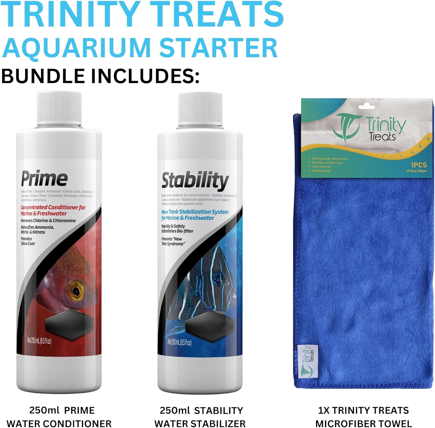 PRlME 250ml, STABlLlTY 250ml for Fresh and Marine Aquariums Including Trinity Treats Microfiber Cleaning Cloth(STABlLlTY Fish Tank Stabilizer, PRlME Water Conditioner)