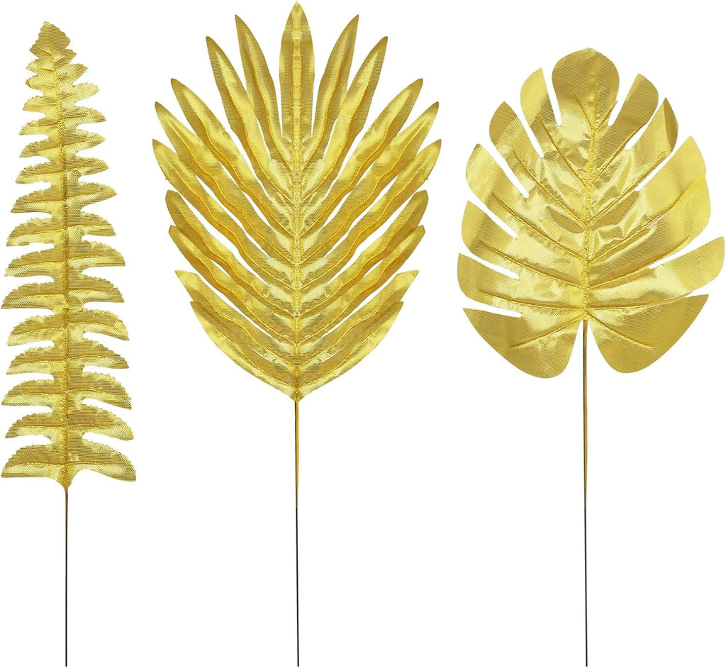 30Pcs 3 Kinds Artificial Golden Leaves with Stems Fake Gold Plants Foliage Stems Simulation Monstera Palm Leaves for Wedding Picks DIY Wreath Crafts Christmas Tree Filler Decors