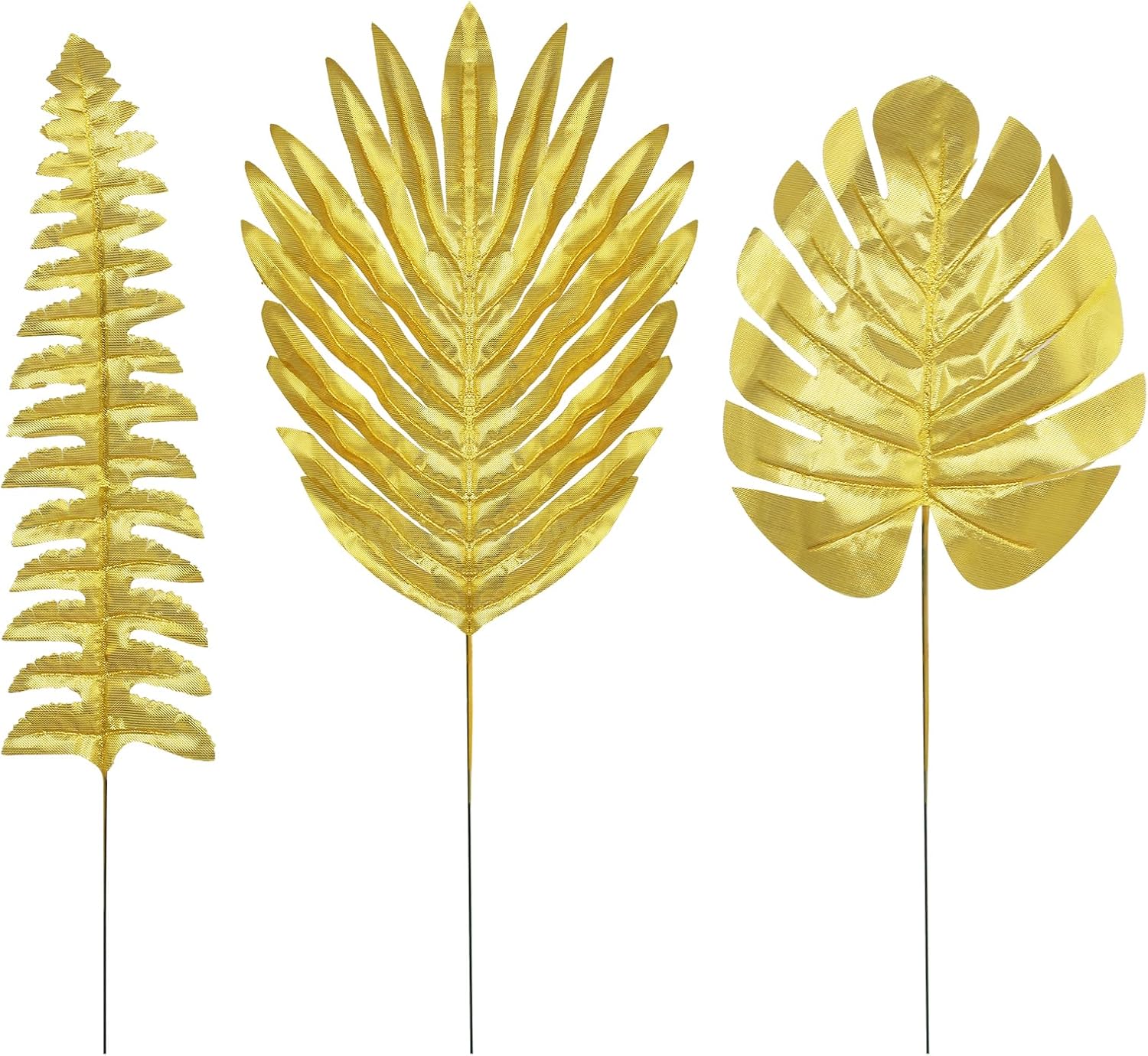 30Pcs 3 Kinds Artificial Golden Leaves with Stems Fake Gold Plants Foliage Stems Simulation Monstera Palm Leaves for Wedding Picks DIY Wreath Crafts Christmas Tree Filler Decors